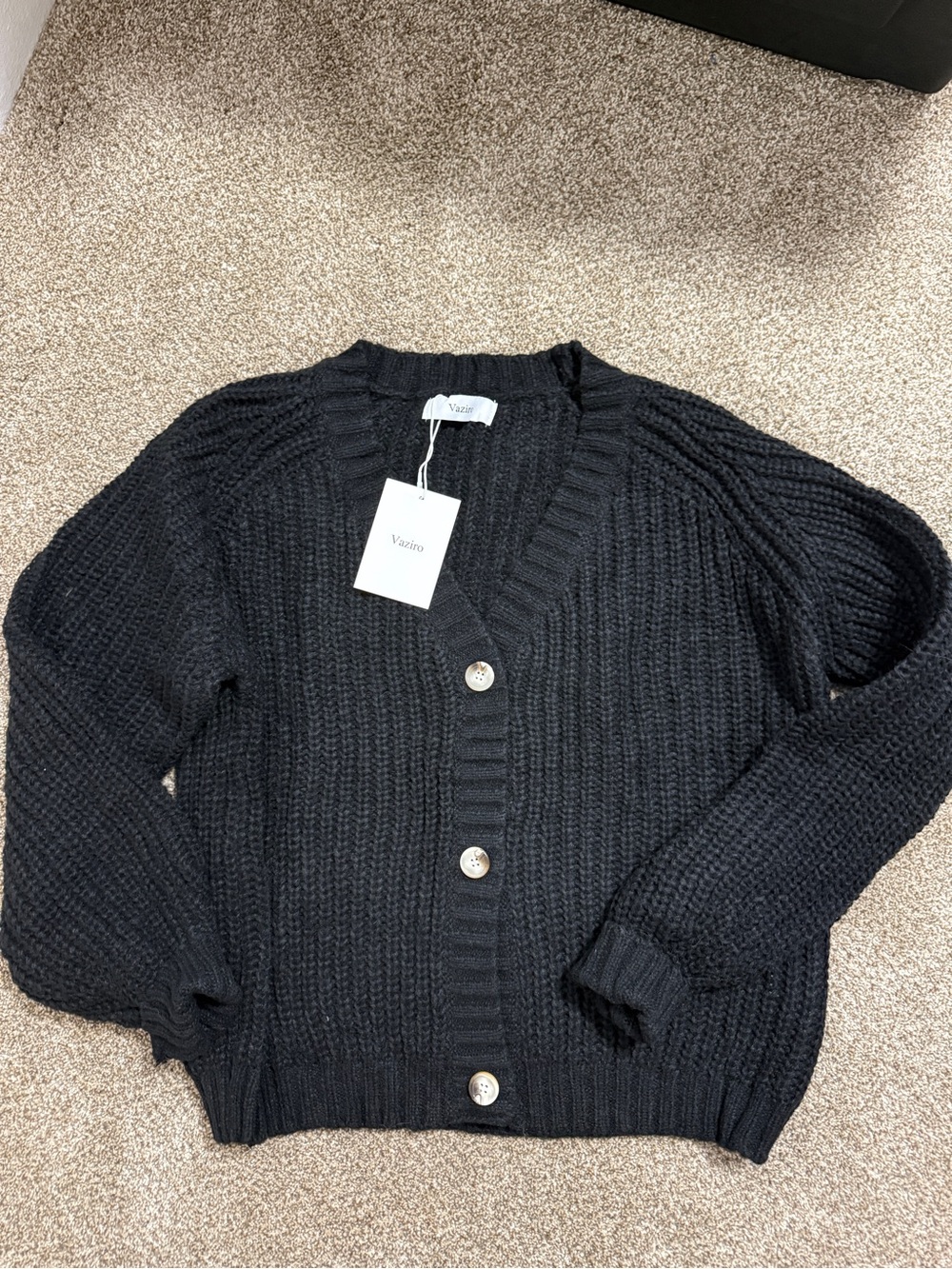 Black Chunky Waffle Knit Button down Cardigan